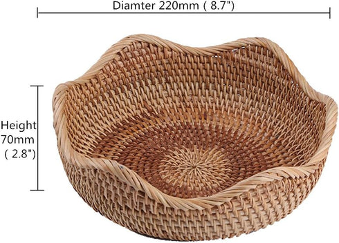 Handmade Rattan Round Fruit Basket Food Storage Bowls Kitchen Organizer Snack Serving Bowl Wavy Edge Circle Tray Basket, Boho Home Décor Display T...