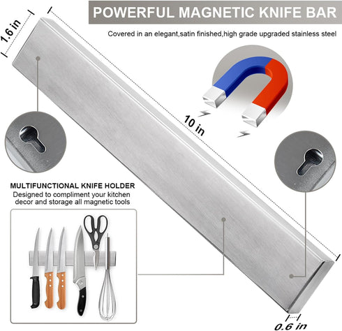 Ninolny 10 Inch Magnetic Knife Strip, Premium Stainless Steel Wall Mounted Kitchen Knives Bar,Space-Saving Powerful No Drilling Magnetic Knife Rac...