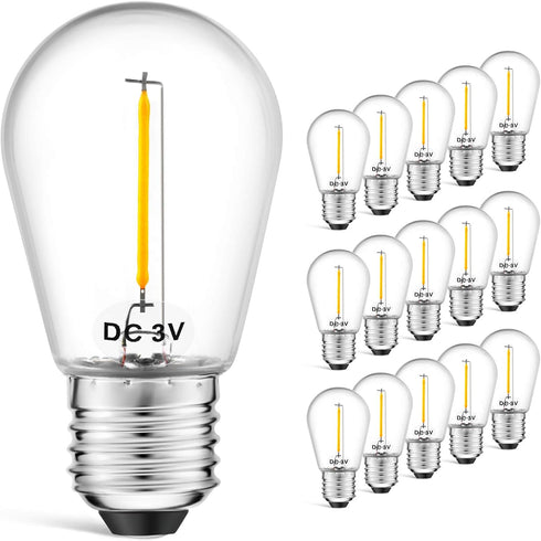 LED S14 Low Voltage (DC 3V) Replacement Bulbs with E26 Base for Outdoor Solar String Lights, 15 Pack, Clear...
