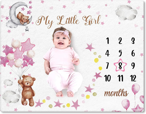 Sleeping Bear Monthly Baby Milestone Blanket Bear Star Balloon Flannel Blanket Boy Newborn Infant Swaddle Blanket Growth Chart Baby Blanket with F...