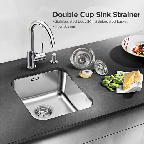 Highcraft 9737 Double Cup Kitchen Sink (3-1/2 Inch) Stainless Steel Drain Assembly With Strainer Basket and Rubber Stopper, 1 Count (Pack of 1)...