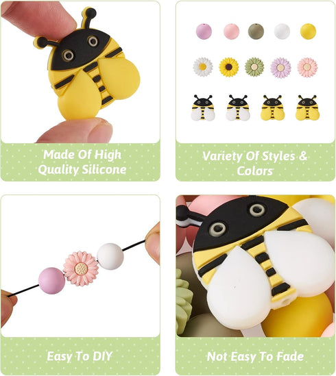Cheriswelry Silicone Focal Beads Kits with 50pcs 15mm Round Silicone Beads for Pen & 5pcs Daisy Silicone Beads for Keychain Making & 4pcs Bees Sil...