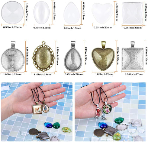 anezus Pendant Trays with Glass Cabochons for Jewelry Making, 90pcs Pendants Trays Set Including 30pcs Bezel Pendant Trays Blanks, 30pcs Glass Cab...