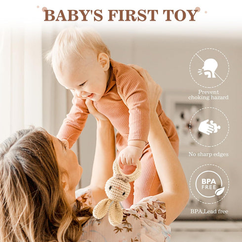 Wooden Baby Rattle 3 PCS Push Car Rattle Set Crochet Rattle Ring Wooden Montessori Toy for Newborn Infant Baby Gifts (Rabbit Rattle)...