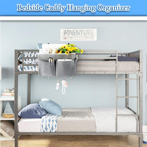 Bedside Storage Organizer 5 Pockets with 4 Hooks Hanging Storage Bag for Headboards/Bunk Bed (Grey)...