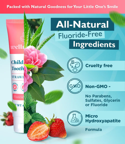 Wellnesse Kids Hydroxyapatite Toothpaste with Xylitol & Fluoride-Free - Natural Ingredients w/Strawberry Flavor - Suitable for Toddlers to Baby Ki...