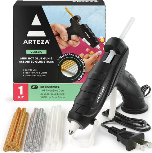 ARTEZA Mini Glue Gun for Crafting, 20W, 30 Clear and 10 Glitter Glue Sticks, Built-in Stand, Craft and Scrapbooking Supplies...