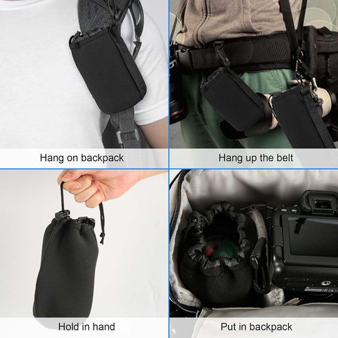 4pcs Camera Lens Bag, 4 Sizes Drawstring Lens Pouch with Thick Protective Neoprene Black Camera Lens Case Bag for Canon, Nikon, Sony, Pentax (Smal...