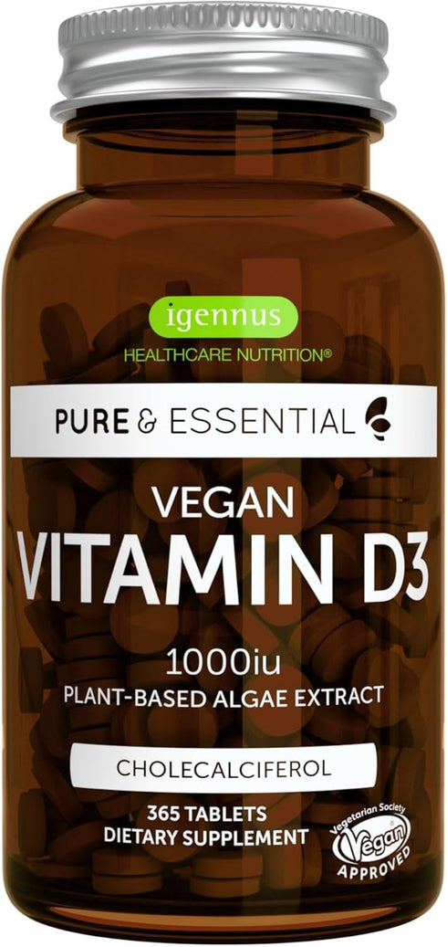 Igennus Healthcare Nutrition High Absorption Vegan Vitamin D3 1000IU, 365 Tablets, 100% Plant-Based & Non-GMO, Immune, Bones & Teeth, Natural Alga...
