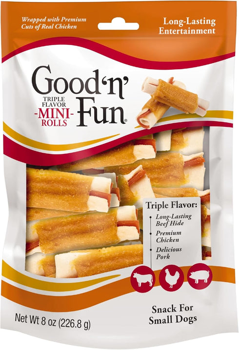 Good 'n' Fun Triple Flavor Mini Rolls, 8 Ounce, Treat Your Small Dog to a Long-Lasting Rawhide Chews...