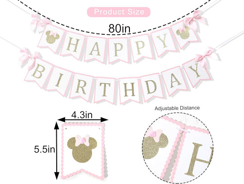 Minnie Happy Birthday Decorations - Minnie 1st/First Birthday Banner,Mouse Pink And Gold Birthday Banner,Mouse Birthday Party Banner...