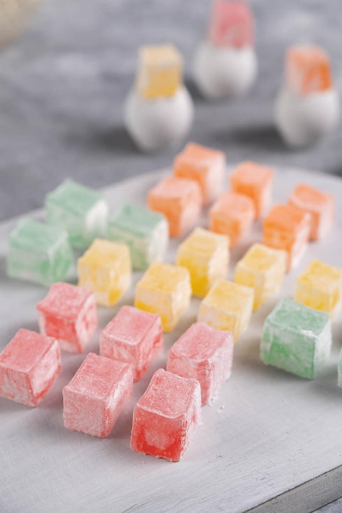 Mughe Gourmet Turkish Delight Candy Elegant Gift Box - 7oz/200g - Halal, Vegan Lokum Fruit Flavors Rose, Strawberry, Lemon, Orange, Mint - Gifts f...