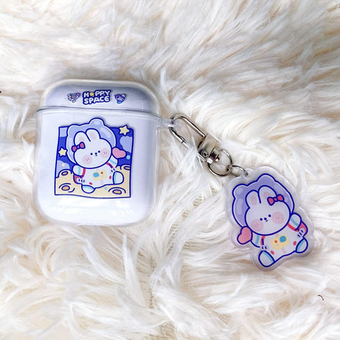 Fycyko Compatible with AirPods 2 Case Clear Cute Cartoon Rabbit Keychain Protective Cover Space Astronaut Purple Pattern Card Cover Credit Card ID...
