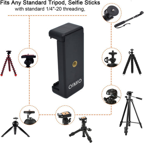 Universal Cell Phone Tripod Mount Adapter, OIMIO Phone Holder Clip Connector Head Used for Monopod Selfie Stick DSLR Travel Mini Flexible Tripod a...