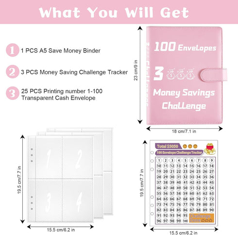 100 Envelopes Money Saving Challenge, 100 Envelope Challenge Binder with 3 Ways Challenge Tracker, A5 Budget Savings Book Binder with Cash Envelop...