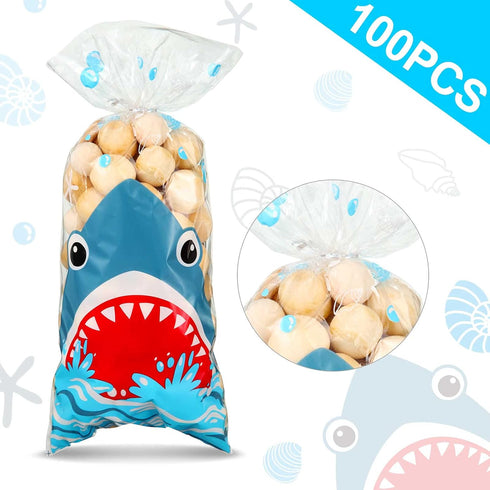 100 Pieces Shark Party Bags, 12.5 x 27.5 cm/ 4.9 x 10.8 Inch Shark Plastic Candy Bags Sea Birthday Goodie Favor with 100 Silver Twist Ties for Sum...