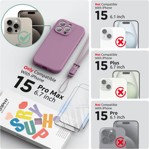 SURPHY Designed for iPhone 15 Pro Max Case with Screen Protector and Lanyard, Phone Strap and Liquid Silicone Phone Case (Camera Protective + Soft...