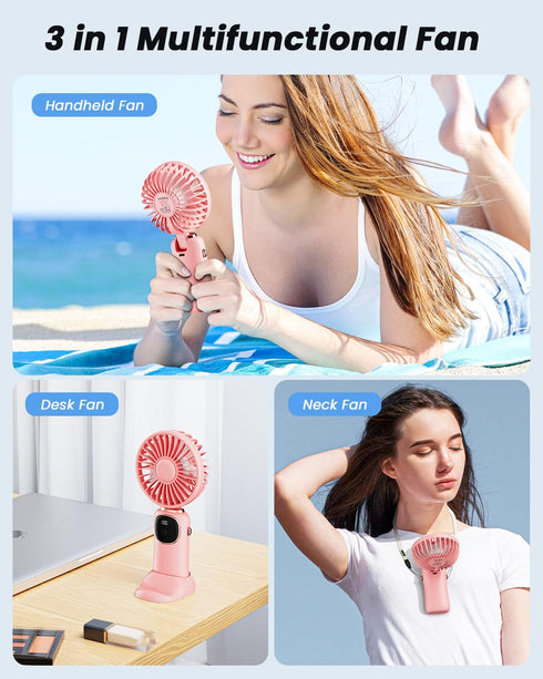 Portable Handheld Fan, 4000mAh Battery Operated Fan with LED Display, Handheld/Neck/Desk 3 in 1 Personal Small Fan, 90° Foldable Desk Fan with Bas...