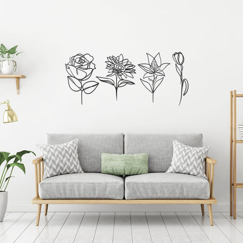 Blulu 4 Pcs Cast Iron Flower Wall Decor 11.81 Inches Metal Wall Hangings Black Minimalist Wire Signs Mid Century Modern Elegance Wall Accents Easy...