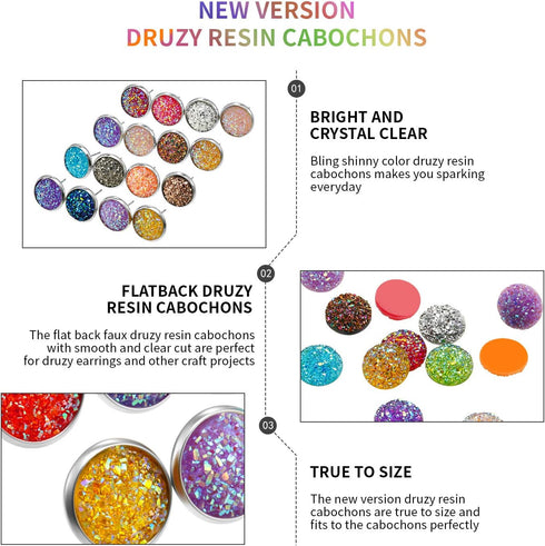 Maitys 200 Pcs 20 Colors Druzy Resin Cabochons Stainless Steel Stud Earring, Faux Druzy Cabochons Round Flat Back Dome for Jewelry Making, DIY Cra...