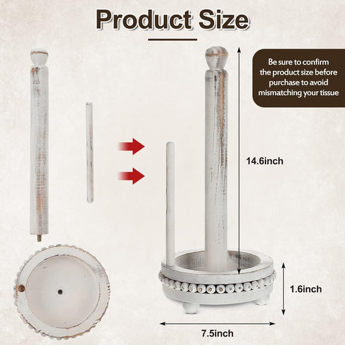 Farmhouse Paper Towel Holders Washed Beaded Wood Paper Towel Stand Rustic Pedestal Standing Paper Towel Roll Dispenser Rack for Kitchen Bathroom D...
