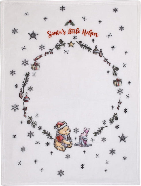 Disney Winnie The Pooh and Piglet White, Red, and Green Christmas Holiday Wreath Santa's Little Helper Photo Op Super Soft Baby Blanket...