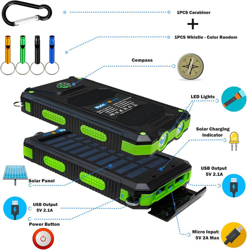 Solar Charger Power Bank 20000mAh, Portable Solar Pone Charger with Compass,Carabiner, Whistle,Flashlights,Solar Panel Charger,Camping Gear Access...