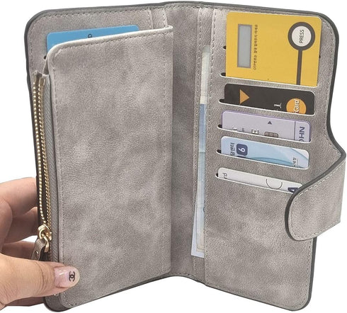 Soft PU Leather Trifold Women's Fashion Wallets Card, Coin Organizer Buckle Opening Lady Clutch (Gray)...