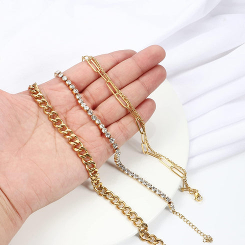 HANPABUM 3-4 PCS Stainless Steel Chain Anklet for Women Dainty Boho Tennis Ankle Bracelets Set Layered Link Paperclip Chain Anklet Adjustable Summ...