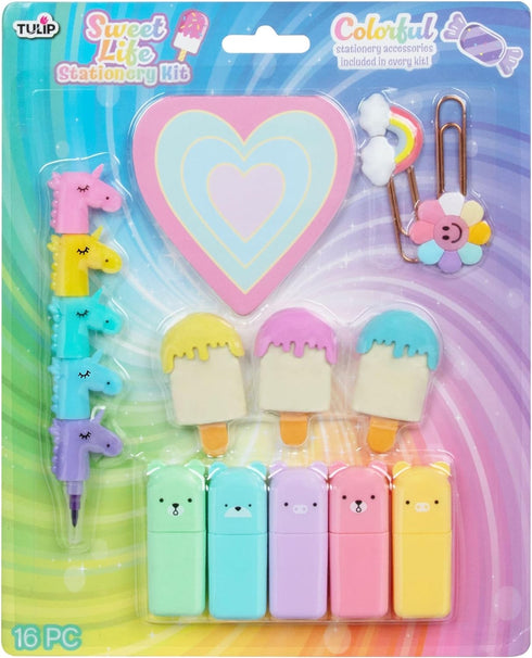 Tulip Sweet Life Stationary Kit, Fun Unicorn Stackable Crayons, Bear highlighters, Ice Cream Erasers, Heart Notepad, Rainbow Paper Clips, School S...