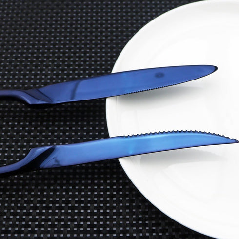 Flatware Set 18/10 Stainless Steel Mirror Polished Blue Cutlery - Silverware Utensil Set of Serrated Steak Knife Dinner Fork Knife Spoon Salad For...