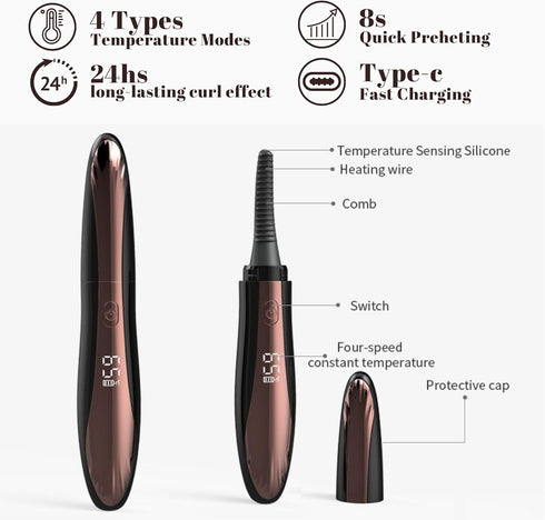 Heated Eyelash Curlers Electric Eyelash Curler with Eyelash Comb Natural Curling 24 Hours Long Lasting Rechargeable Makeup Tool with USB-C 4 Heati...