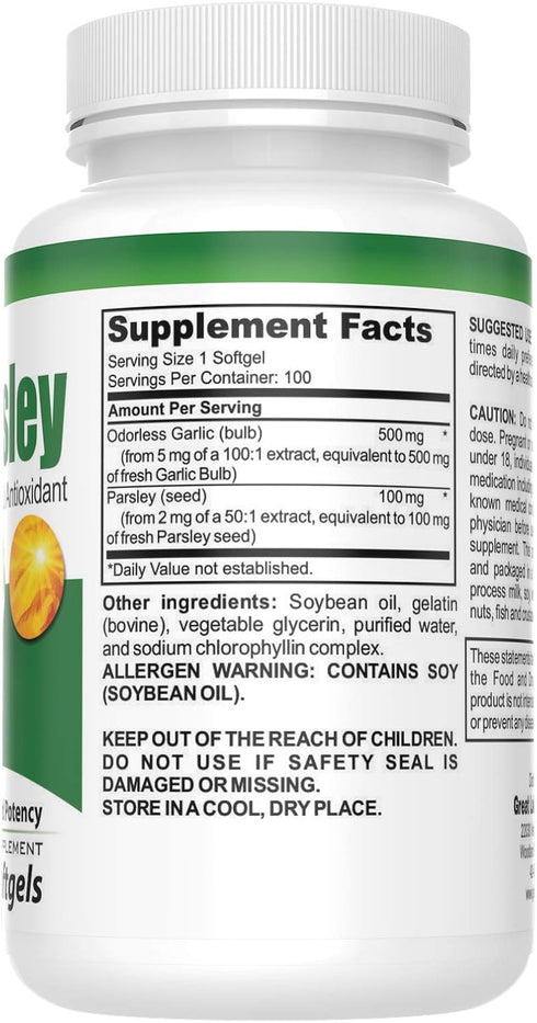 All-Natural Odorless Garlic and Parsley Detox Supplement Softgels, 100 Softgels...