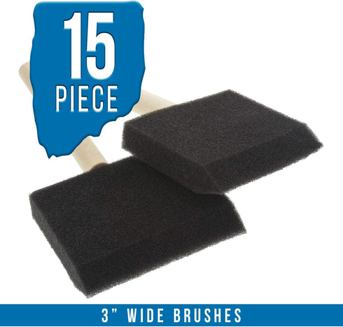 US Art Supply 3 inch Foam Sponge Wood Handle Paint Brush Set (Value Pack of 15) - Lightweight, Durable and Great for Acrylics, Stains, Varnishes, ...