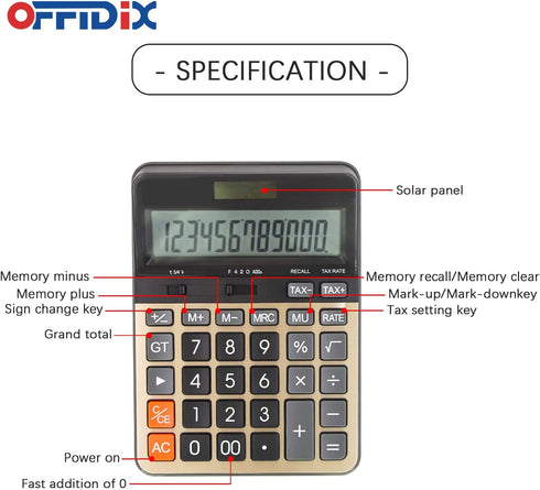 OFFIDIX Desktop Calculator 12 Digit with Large LCD Display, Desk Calculator Solar Battery Dual Power Electronic Calculator, Business Calculator wi...