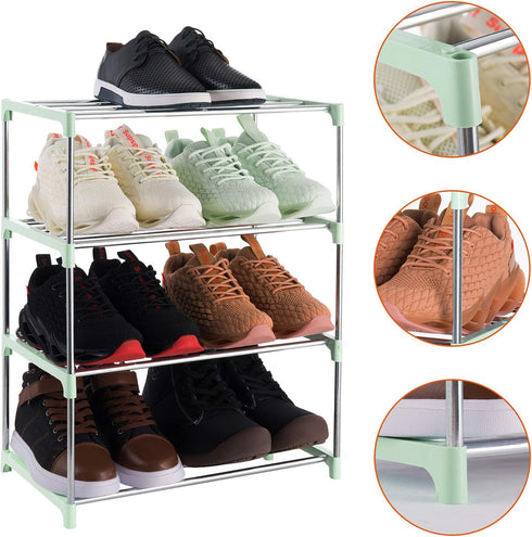 4-Tier Stackable Small Shoe Rack, Lightweight Shoe Shelf Storage Organizer for Entryway, Hallway and Closet (Green)...