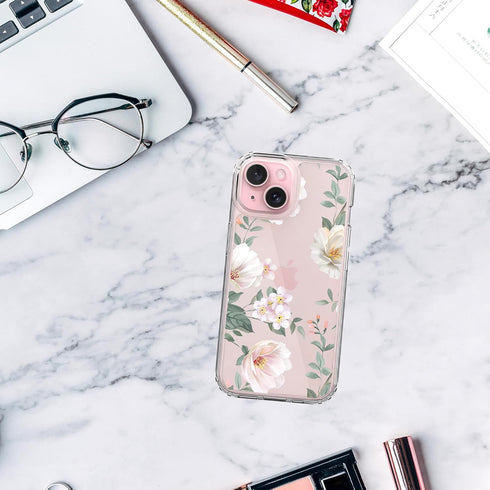 RANZ Case for iPhone 15, Anti-Scratch Shockproof Series Clear Hard PC + TPU Bumper Protective Cover Case for iPhone 15 (6.1") - White Magnolia Flo...