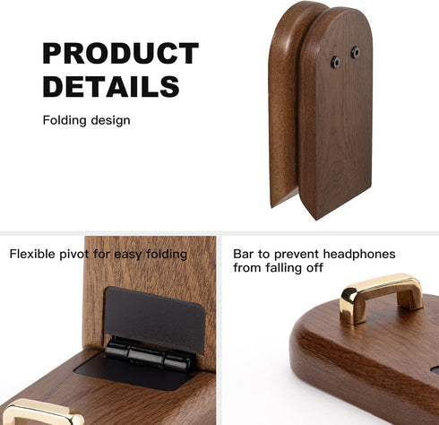 Wood Headphone Stand Wall Mount Holder, Sticky Headset Hook, Under Desk Headphone Hanger,Foldable Desk Headphone Hanger Earphone Clamp for Audio,S...