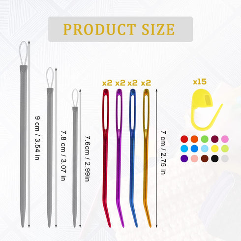Large-Eye Blunt Needles Kit, Including 8PCS Curved Tapestry Needles 3PCS Yarn Needles 15PCS Stitch Markers, Macrame Needles Darning Needles for Kn...