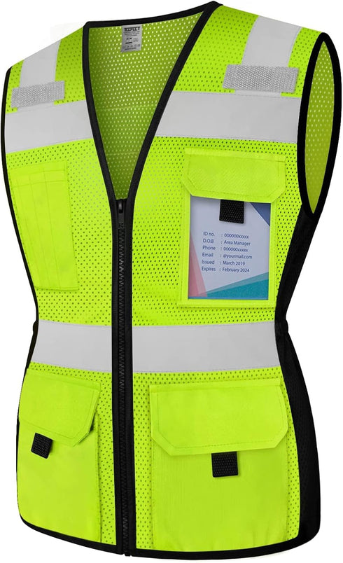 TCCFCCT Women Reflective Vest 11 Pockets High Visibility Mesh Safety Vest for Lady, Neon Construction Work Vest with Zipper, Snug-Fit, Durable wit...