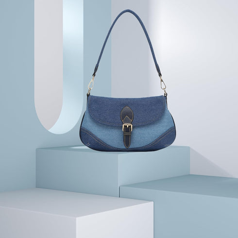 Denim Handbag for Women -Girl's Shoulder Bag Elegant Blue Jean CanvasTote Cute Small Chic Clutch with Secure Buckle Closure-2 Straps (Fixed and Ad...