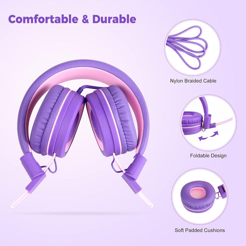 C89 Kids Headphones, Wired Headphone without Microphone, On Ear Headphone with Adjustable, 3.5mm Aux Nylon Cable, Foldable Headphones for School T...