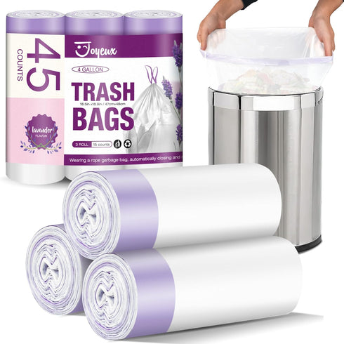 JOYEUX Small Trash Bags 4 Gallon - Drawstring Small Garbage Bags, White Mini Trash Can Liners for Bathroom, Bedroom, Office, Faint Scented, 45 Cou...
