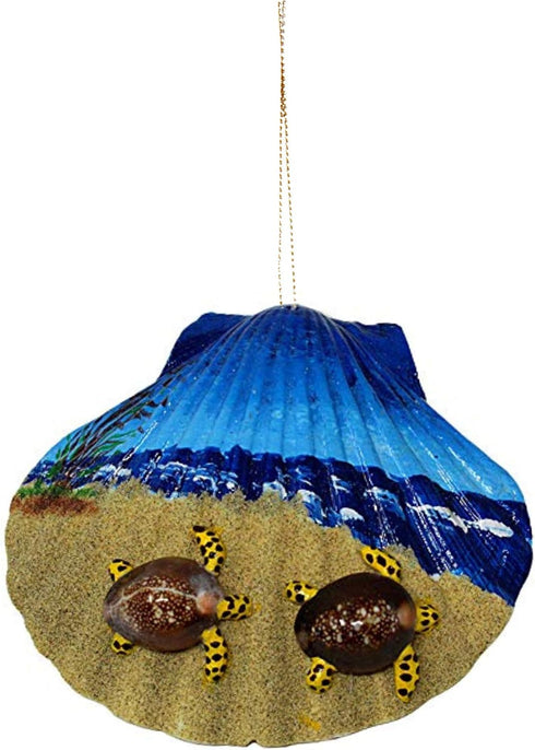 Needzo Hand Painted Seashell with Ocean and Sea Turtles, Hanging Ornament Decoration for Beach House, 4 Inches...