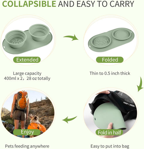 Puppy Dog Bowl,Travel Bowls Dog Food Bowls&Dog Water Bowls,No Spills,Collapsible Double Bowl,Suitable for Small and Medium Sized Dogs(Green)...