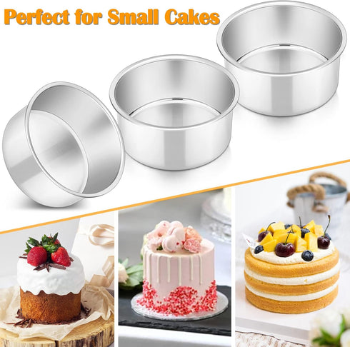 P&P CHEF 4 Inch Round Cake Pan Set of 3, Stainless Steel Round Baking Layer Pans Bakeware for Layer Birthday Cake, Fit Oven/Pots/Pressure Cooker, ...