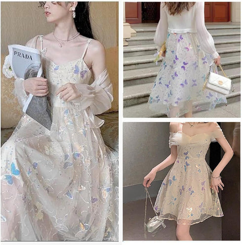 Sparkling Color Butterfly Sequin Fabric White Tulle Mesh Embroidered Lace Material Perfect for DIY Crafts and Fashion Projectsor Sewing Dress (2 Y...