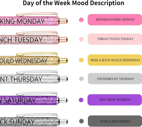 Jxueych 7 Pcs Funny Ballpoint Pen Set Gift for Coworker, Days of The Week Daily Glitter Pen, Black Ink Medium Point 1.0 Mm Smooth Writing...