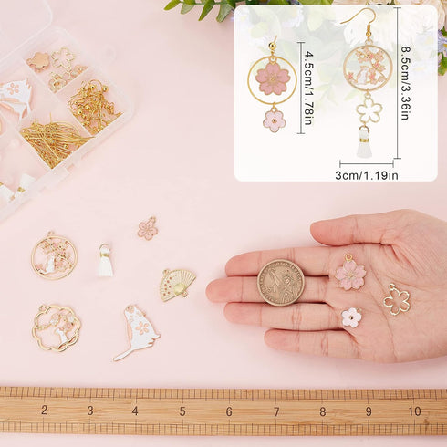 SUNNYCLUE 1 Box DIY 10 Pairs Cat Charms Sakura Flower Charm Japanese Style Earrings Making Starter Kit Flat Round Hollow Charm Fan Charms Tassels ...