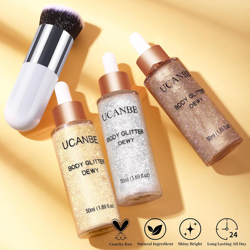 UCANBE 3 Pcs Face Body Glitter Liquid Highlighter Illuminator Dewy Drops with Makeup Brush, Makeup Sparkle Shine Luminizer Enhancer Body Shimmer T...